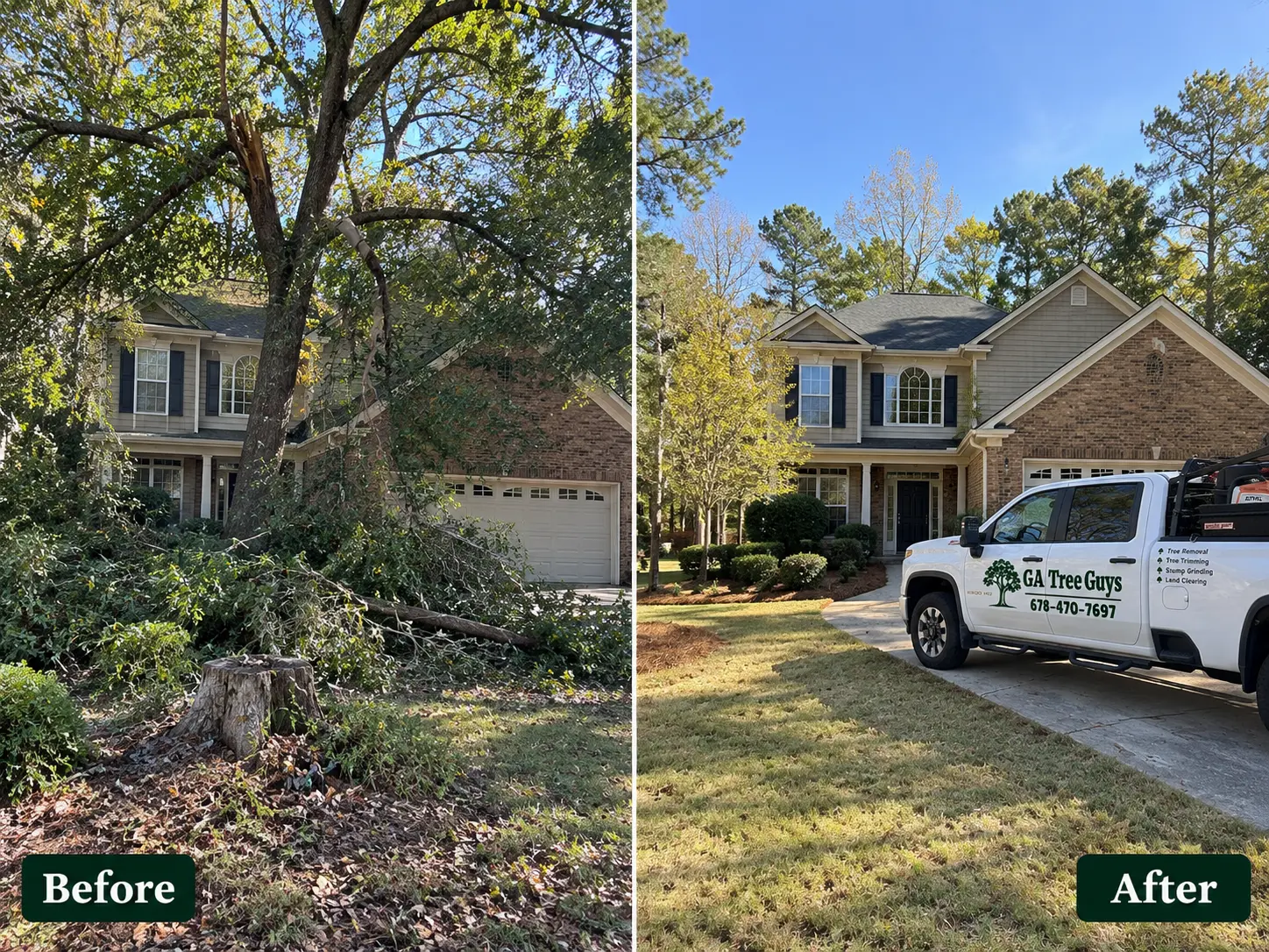 Before and after: broken tree and debris in a front yard cleared, Georgia Tree Guys truck in driveway