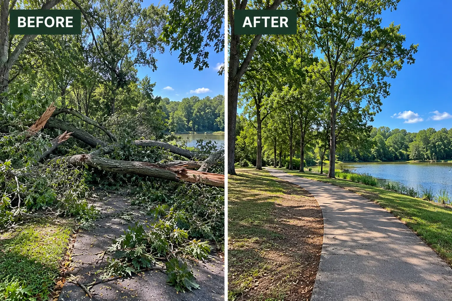 Before and after: fallen tree across a lakeside path cleared
