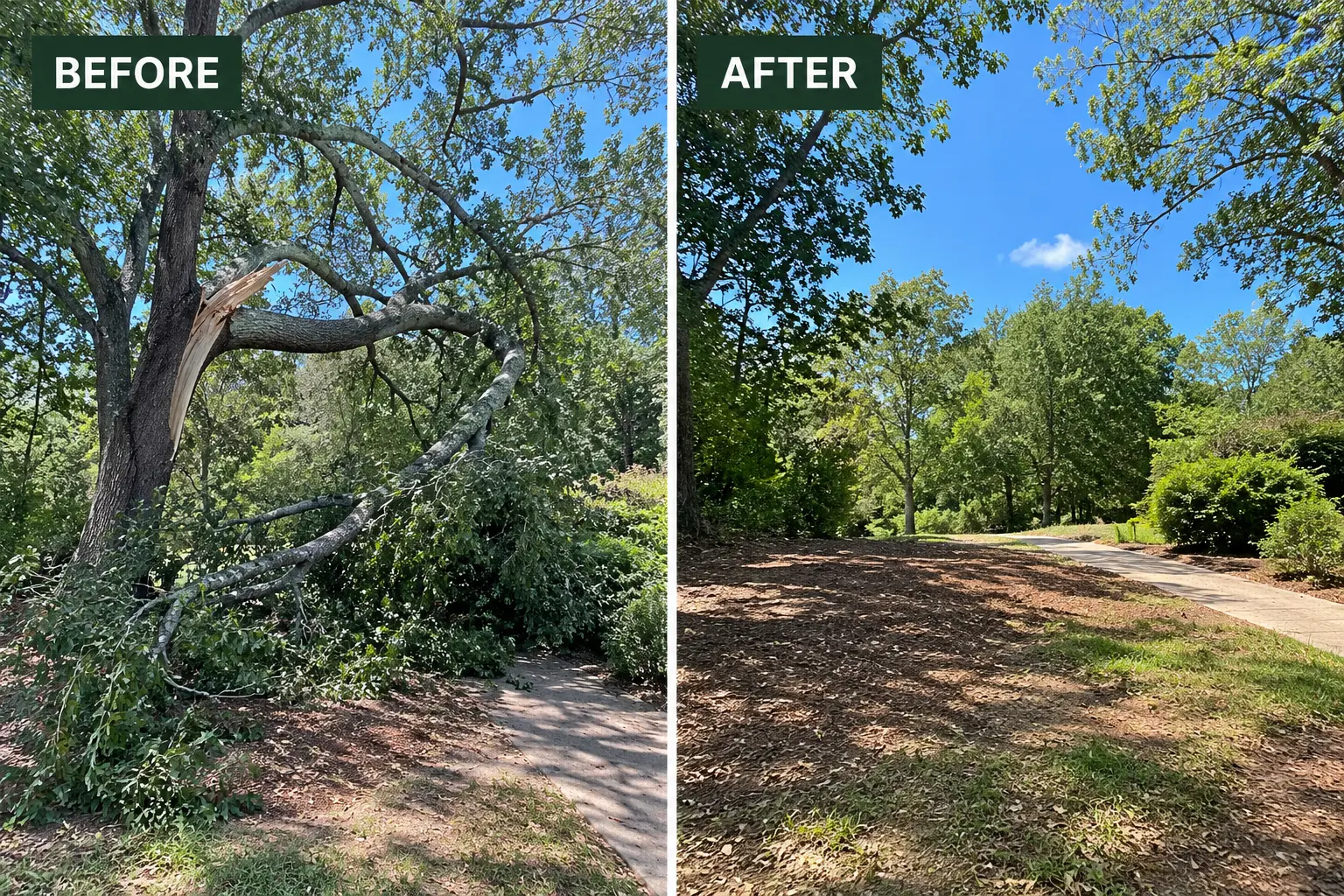 Before and after: split tree leaning over a sidewalk removed